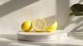 Lemon setup on white table empty podium center for beverage skincare or culinary display front view