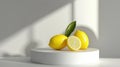 Lemon setup on white table empty podium center for beverage skincare or culinary display front view