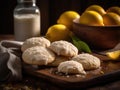 Lemon shortbread cookies on a wooden cutting board with lemons and a glass of milk Royalty Free Stock Photo