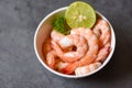 Lemon shrimp peeled on bowl ready for cooking, Fresh shrimps or prawns seafood and shellfish boiled shrimp Royalty Free Stock Photo