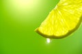 Lemon slice with drop of juice closeup. Fresh and juicy Lime over green background