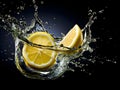 lemon slice falling down in glass with water on deep black. Beautiful glass with sparkling water or other transparent drink and a Royalty Free Stock Photo