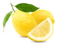 lemon with slice and green leaves isolated on white background. clipping path Royalty Free Stock Photo