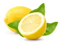 lemon with slice and green leaves isolated on white background. clipping path Royalty Free Stock Photo