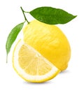 lemon with slice and green leaves isolated on white background. clipping path Royalty Free Stock Photo