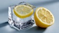 Lemon slice in ice cube with half lemon on blue surface Royalty Free Stock Photo