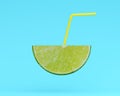 Lemon slice, juice with Straw on blue color pastel background. m