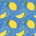 Lemon, slice of lemon seamless pattern. Citrus fruit on blue background. Vector illustration retro style.