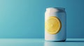 A lemon slice on a light blue background is paired with a blank white soda can Royalty Free Stock Photo