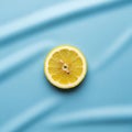 A lemon slice with seeds is placed on a smooth, light blue background Royalty Free Stock Photo