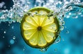 Lemon slice submerged in water creating splash and bubbles with vibrant blue Royalty Free Stock Photo