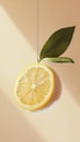 lemon slice suspended with leaves, artistic minimalism concept Royalty Free Stock Photo