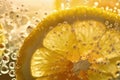 Lemon slice in water with bubbles, close-up. Generative AI Royalty Free Stock Photo