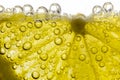 Lemon sliced in water with air spherical bubbles, in background light, close-up selective focus Royalty Free Stock Photo