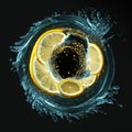 Lemon slices in circular ring of water splashes. AI generative Royalty Free Stock Photo