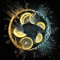 Lemon slices in circular ring of water splashes. AI generative Royalty Free Stock Photo