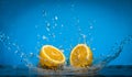 Lemon Slices falling for water with a big splash on blue background. Royalty Free Stock Photo