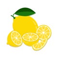 Lemon slices. Fresh citrus, half sliced lemons and chopped lemon