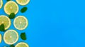 Lemon slices and fresh green mint leaves, on a light blue background. Copy space. Flat lay, top view. Stylized photo. Royalty Free Stock Photo