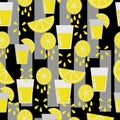 Lemon slices with glasses with juice seamless pattern, citrus splashes and geometric shapes on a black background Royalty Free Stock Photo