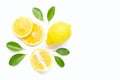 Lemon  and slices with leaves isolated on white. Copy space Royalty Free Stock Photo