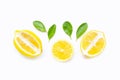 Lemon  and slices with leaves isolated on white. Copy space Royalty Free Stock Photo