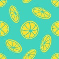Lemon Slices Seamless Pattern On Turquoise Background. Bright Yellow Lemons Background In Flat Cartoon Style.