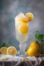 Lemon slush in tall glass with fruit and crushed ice around it on white table. Generative AI technology Royalty Free Stock Photo