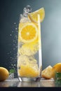 Lemon slush in tall glass with fruit and crushed ice around it on white table. Generative AI technology Royalty Free Stock Photo