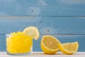 Lemon slushies in glass on blue wood Royalty Free Stock Photo