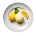 Lemon Sorbet Ice Cream On White Plate, On White Background