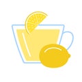 Lemon sour taste herbal tea in glass cup. Teacup and slice lemon of fresh citrus fruit drink. Vector flat illustration