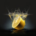 Half lemon hits water with a splash. Counterlight on black background, split frame. AI generative illustration