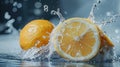 Lemon splashing water isolated on blue background Royalty Free Stock Photo
