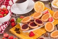 Lemon and straberry tartlets. Royalty Free Stock Photo