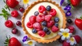 Lemon Tart with Flaky Crust and Sweet Cream on Pastel Plate with Berries and Flowers
