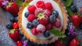 Lemon Tart with Flaky Crust and Sweet Cream on Pastel Plate with Berries and Flowers