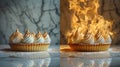 lemon tart with meringue peaks, flames caramelizing the top, on a classic marble countertop