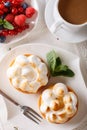 Lemon tartlet with meringue and summer berries close-up. vertica