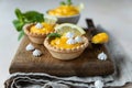 Lemon tartlets. Homemade shortbread mini tarts with lemon curd and meringue on wooden board, light background Royalty Free Stock Photo