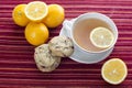 Lemon tea and cranberry cookies on red stripes platemat Royalty Free Stock Photo