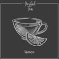 Lemon tea cup chalk sketch vector icon for herbal tea, cafeteria or packaging design template