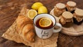 Lemon tea, home made jam, croissant on wooden table. Breakfast concept. Royalty Free Stock Photo