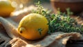 Fresh Lemon and Thyme on Burlap, Rustic Still Life Photography Royalty Free Stock Photo