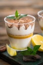 Lemon tiramisu dessert with cocoa and mint