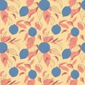 Lemon tree fruits in blue and leaves in coral colors on light noughat background. Seamless botanical hand drown pattern. Royalty Free Stock Photo