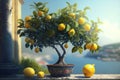 Lemon tree with ripe fruits in a pot and Mediteraneean Sea on background, illustration AI Royalty Free Stock Photo