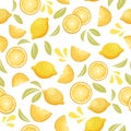 Lemon tropical citrus seamless pattern with leaves, slices in cartoon style. Abstract fresh bright fabrik.