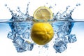 Lemon in water. Rising blue bubbles after a lemon and ice cubes are dropped in clear water Royalty Free Stock Photo