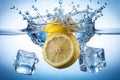 Lemon in water. Rising blue bubbles after a lemon and ice cubes are dropped in clear water Royalty Free Stock Photo